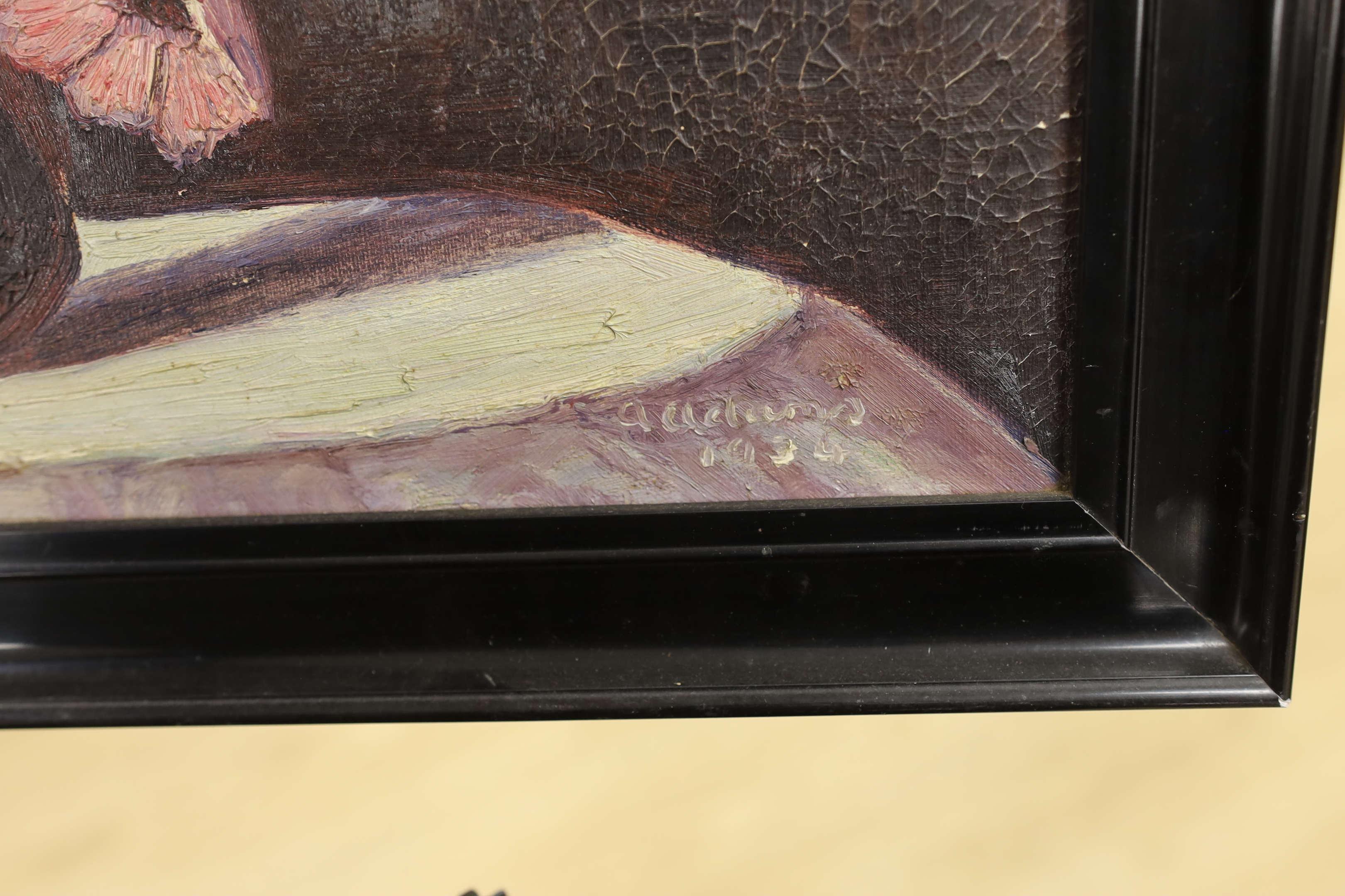 A. Adams, oil on canvas, Still life of anemones, signed, label verso, 34 x 49cm